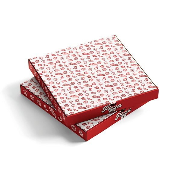 Mock up Packaging boit de pizza couleur rouge et motif (fictif) PORTFOLIO