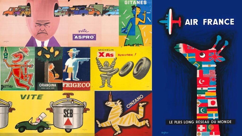 Panel d'affiche coloré  de Savignac
pour les marque ASPRO, SEITA, PERRIER, ORANGINA, FRIGECO, MICHELIN, SEB, CINZANO, AIR FRANCE... 