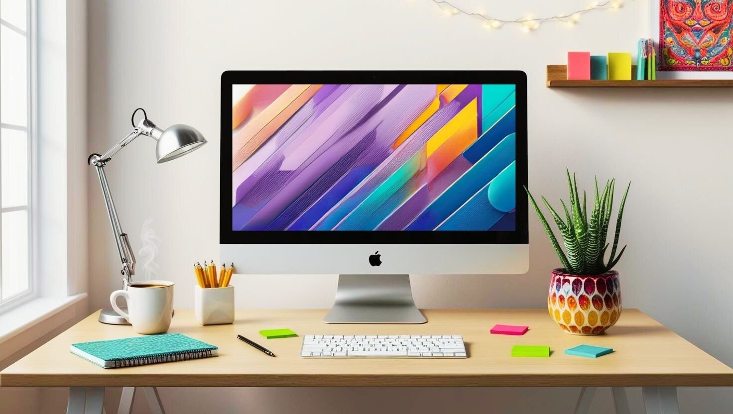 photo d'un bureau avec un imac (avec une palette de couleur, un logo)