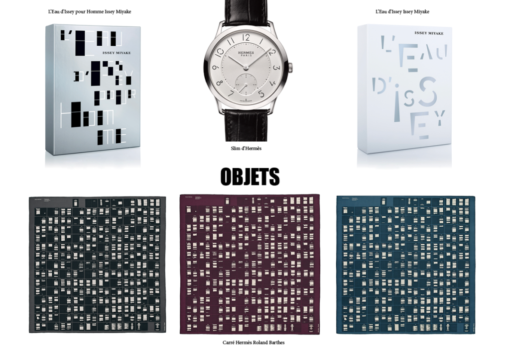 Photos des packaging Eau d'Issey, montre hermes, carré de soie hermes  